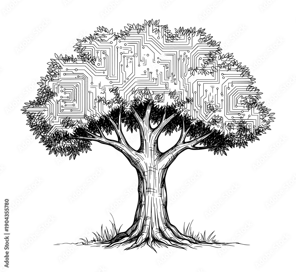 Fototapeta premium Circuit Board Tree Black and White Engraving Style Vector Line Art