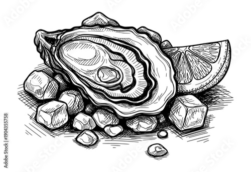 Oyster Shell on Ice with Lemon Engraving Style Black and White Vector Illustration