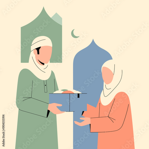 Illustration of two Muslims giving and receiving a box during Ramadan.