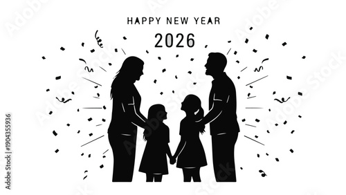 New Year Family Celebration: Silhouette of a family joyfully embracing the dawn of the year 2026, amid the showering of confetti, embodying hope and new beginnings.
