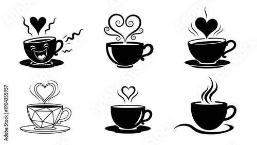 Set of six black and white outline illustrations featuring steaming coffee cups with heart shapes, perfect for coffee shop decor or morning beverage designs