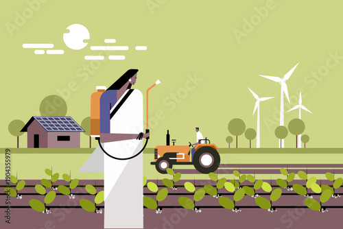 Indian woman farmer holding a pesticide sprayer in a drip irrigated field with solar panels and wind turbines, illustrating sustainable agriculture and renewable energy in rural farming