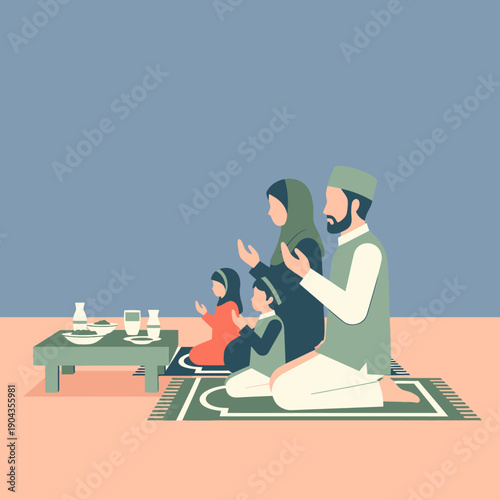 A Muslim family praying together at home.