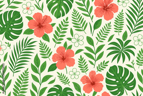 Colorful tropical leaves and flowers create a vibrant pattern on a light background suitable for a summer theme or decor project