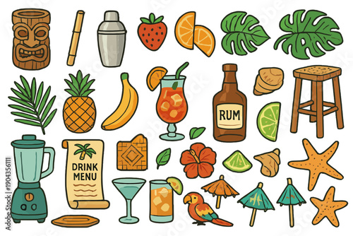 Tropical drink items and beach elements shown in a colorful design with fruits and bar tools arranged on a white background