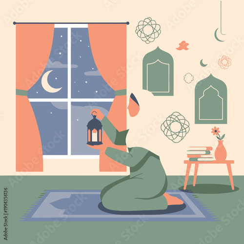 Muslim woman praying at night Ramadan.