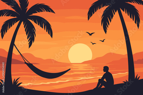 Sunset at the beach with a hammock and silhouette of a man by the sea