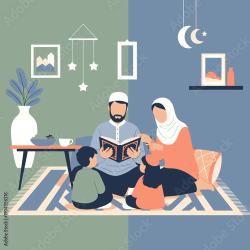 Family reading together on the floor at home.