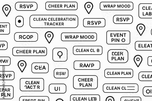 Various labels and tags designed for event planning and organization in a simple layout on a white background