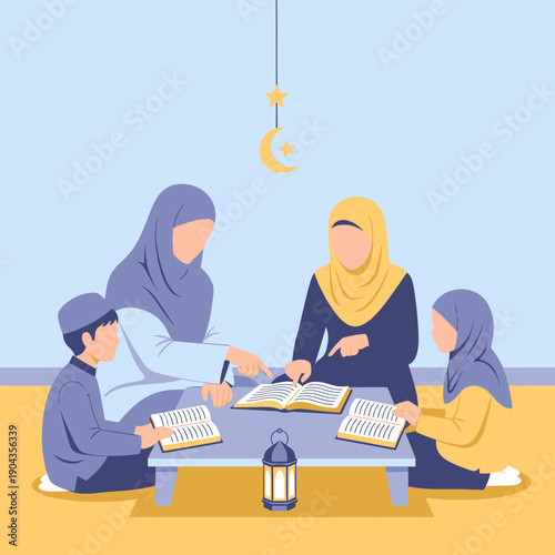 Muslim family reading Quran together.