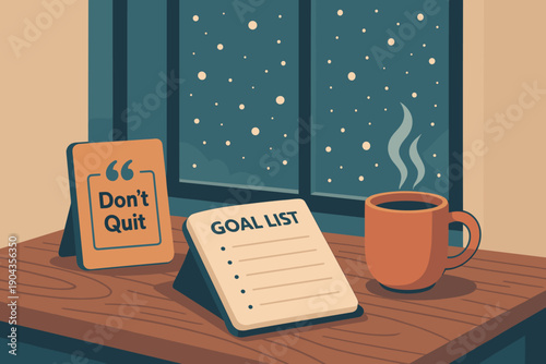 Motivation setup with goal list and coffee by the window at night showing snow falling outside