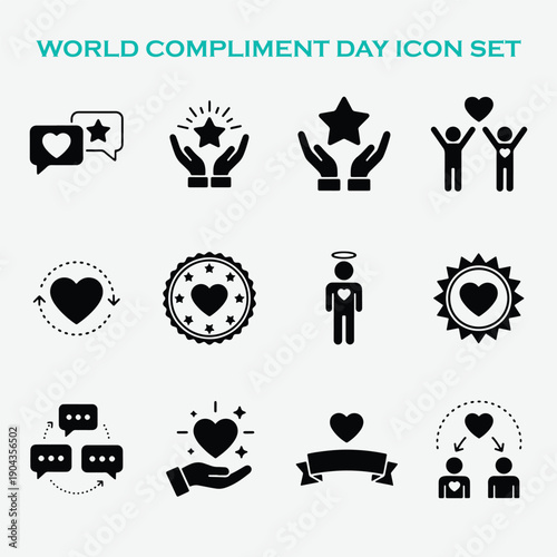 World Compliment Day Icon Set. Vector collection of praise, appreciation, feedback, kindness, and love symbols. Solid glyph style.