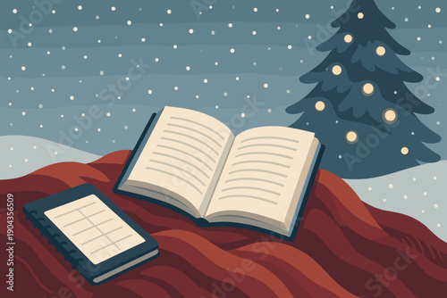 Cozy winter scene with an open book and a notebook near a Christmas tree with lights and falling snow