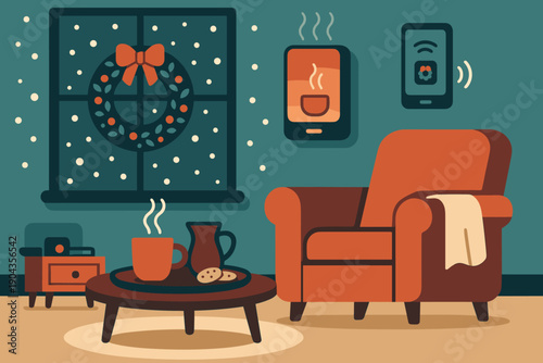 Cozy corner with warm drink and treats near window decorated with wreath during winter season