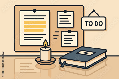 Workspace scene with notes, to-do list, candle and notebook on a table during daytime in a home or office setting