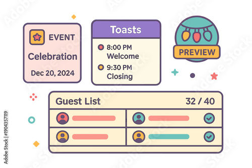 Event celebration scheduled for December 20, 2024, with toasts and a guest list management plan