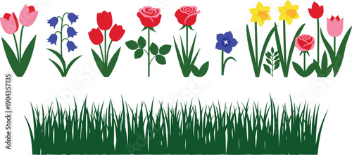 Colorful spring flowers, tulips, roses, daffodils, bluebells, grass field, botanical garden plants, blooming nature, floral vector illustration, decorative design, cad drawing flat vector illustration