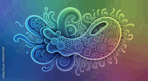 Vibrant Abstract Organic Shape with Intricate Patterns and Flowing Lines on a Gradient Colorful Background