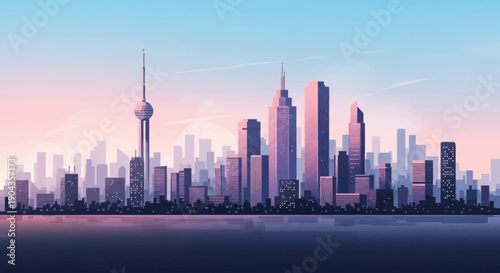 Beautiful City Skyline with Modern Skyscrapers and Towers at Sunset along a Waterfront