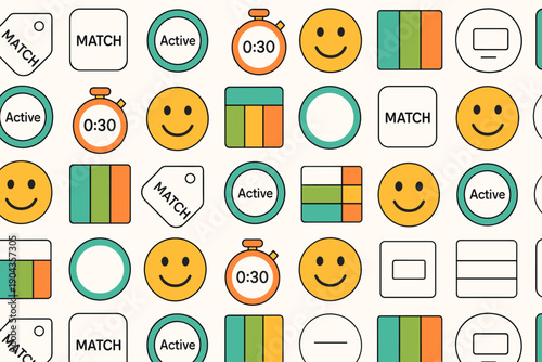Game elements and icons display various colors and shapes, showing different activities and timers for matching games