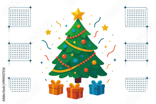 Christmas tree with decorations and gifts in a festive setting with stars and confetti around it