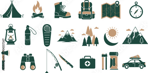 Camping And Outdoor Adventure Icon Set Featuring Tent, Hiking Gear, Survival Tools And Nature Exploration Vector Collection