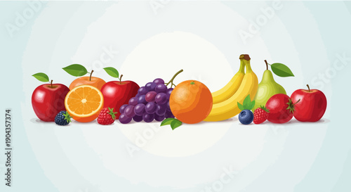 Fresh assortment of colorful fruits including apples, oranges, grapes, bananas, and berries on a light background.