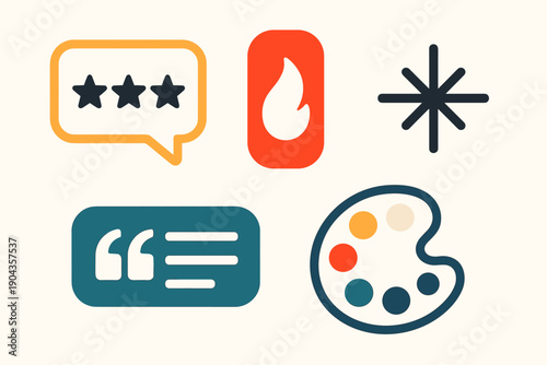 Different icons representing feedback, creativity, and communication appear on a light background with simple shapes and colors