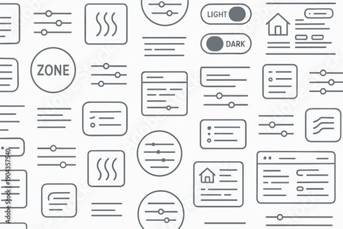 Collection of simple line icons showing user interface elements in light and dark themes with various controls and settings