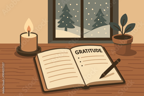 Notebook with gratitude list on a table next to a candle and a window showing snowy trees outside