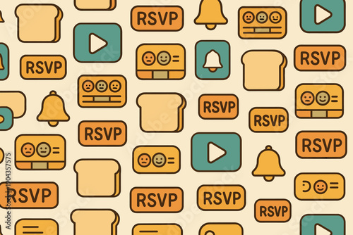 Colorful pattern of various icons including RSVP texts, buttons, and bread slices on a light background