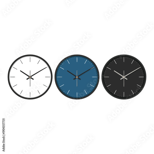 Three modern wall clocks with different color faces