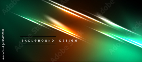 Abstract background features vibrant green, orange lines. Dynamic lighting creates modern design element. Dark space surrounds bright streaks.