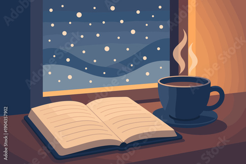 Reading a book by the window with snow falling outside and a warm cup of coffee on a cold winter evening