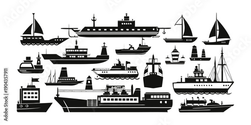 A detailed collection of various ship and boat silhouettes representing different types of sea vessels.
