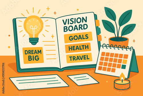 Vision board for personal goals and dreams in a bright workspace setting