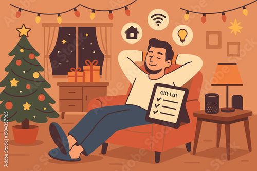 Man relaxing at home with gift list, Christmas tree and warm lights in the evening