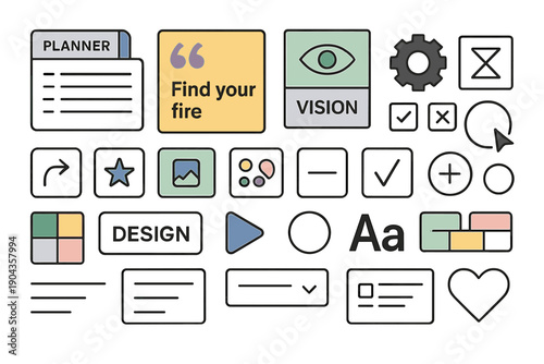 Textual elements and icons arranged in a grid for planning, design, and vision activities