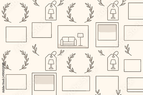 Pattern design with lamps, furniture, and empty frames on a light background for decoration or craft projects