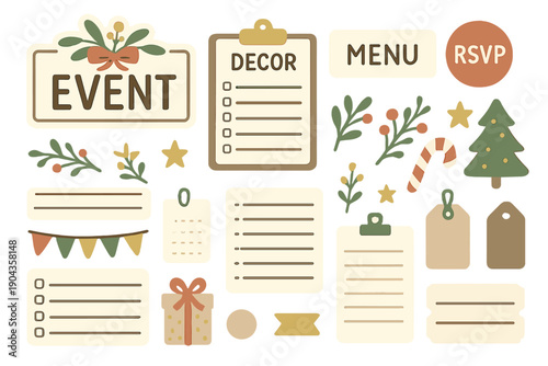 Decor and planning items for event organization with lists and details shown in various designs
