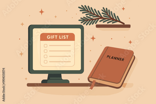 Creating a gift list using a computer and planner during the holiday season