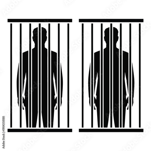 Two men standing behind prison bars in a jail cell