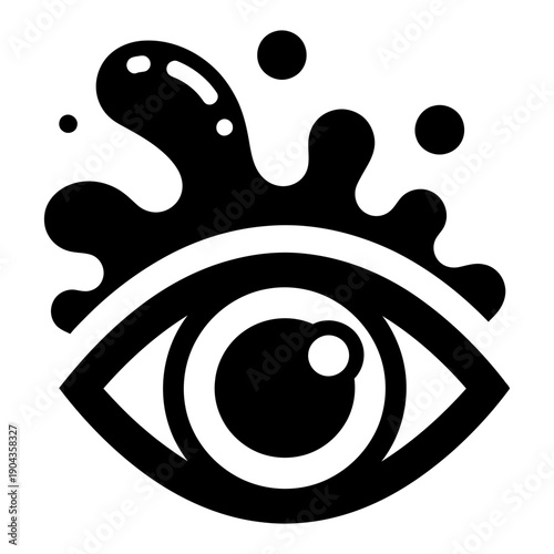 Minimalist black eye icon with liquid ink splatter emerging from the top, representing creative vision, artistic perception, and visual inspiration in a bold graphic design style.