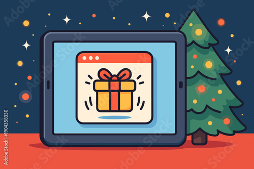 Winter season brings online shopping for gifts in front of decorative Christmas tree with lights