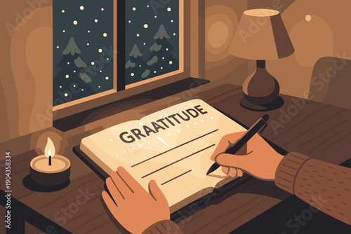 Person writes gratitude in a notebook beside a candle and a lamp during winter night