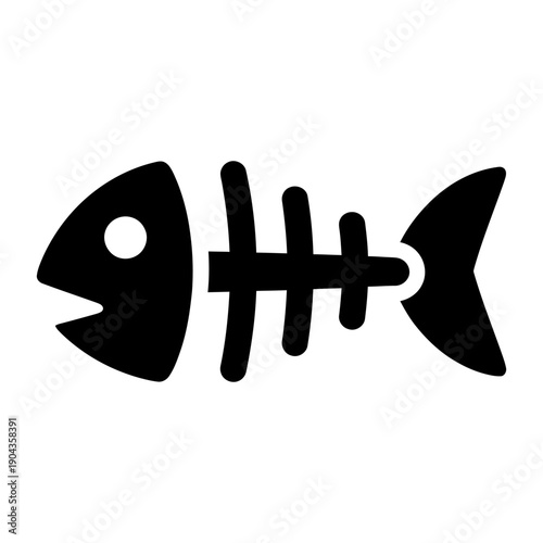 Minimalist black fish skeleton icon isolated on white background, representing food waste, garbage, or hunger in a flat vector silhouette style for UI and graphic design