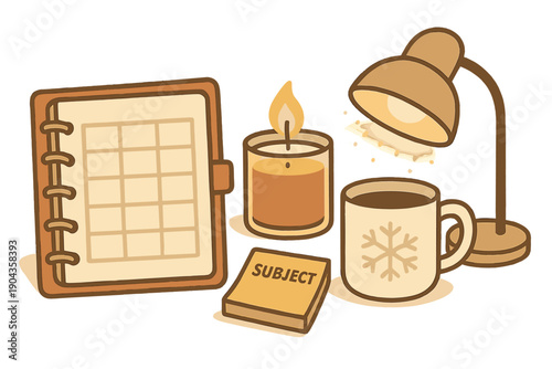 Cozy workspace with planner, coffee, candle, and lamp in a warm setting during afternoon hours