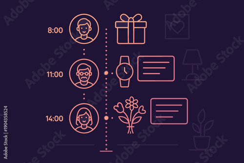 Schedule shows three time slots for different people with gifts, flowers, and notes at various hours of the day