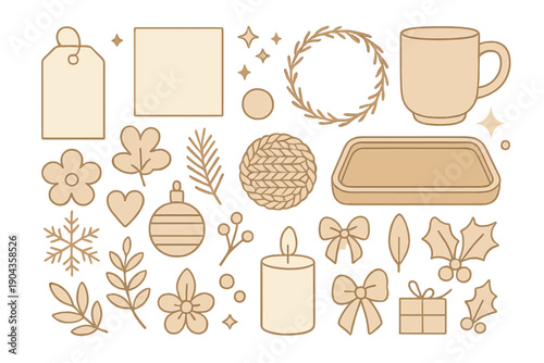 Decorative elements for holiday crafts and gift wrapping in a warm color palette