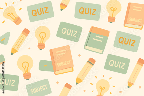 Students prepare for quizzes with pencils, books, and light bulbs in a study environment filled with educational tools